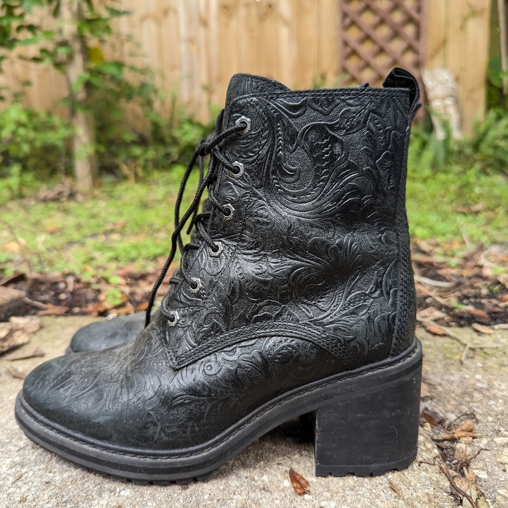 Timberland Leather Waterproof Embossed Leather Combat Heeled Boots